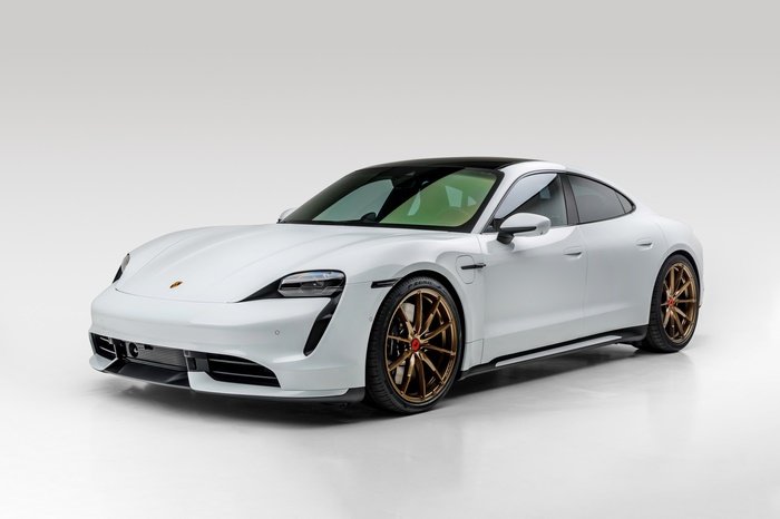 White Porsche Taycan 4K Sport Car with Bronze Wheels