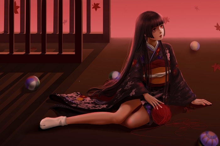 Ai Enma in Kimono with Red Yarn and Autumn Leaves