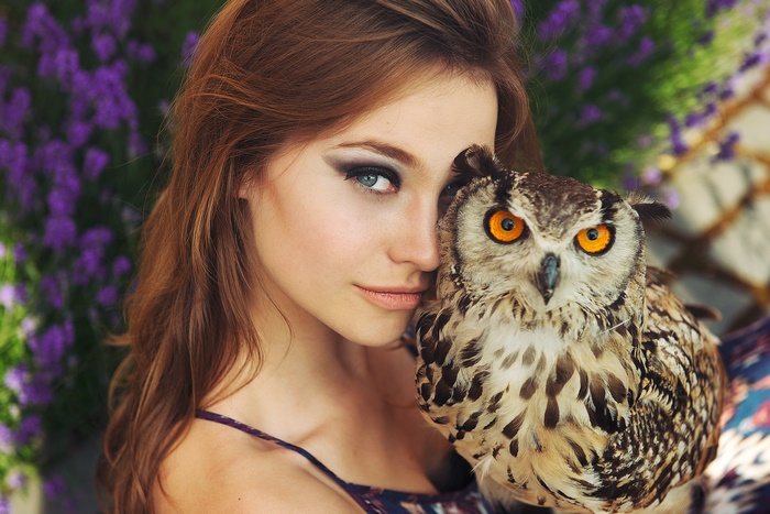 Redhead Model with Owl in Nature 4K