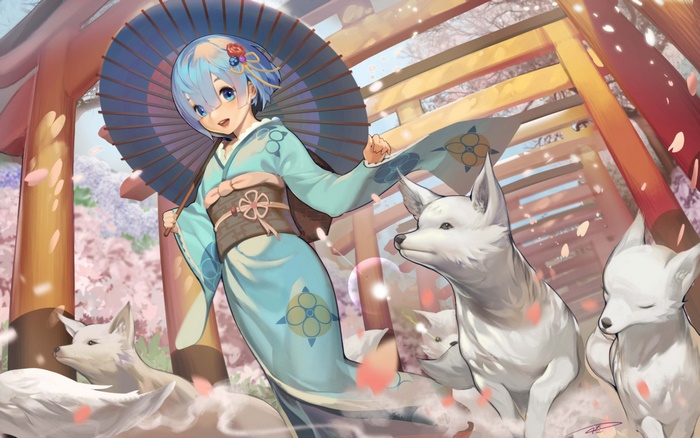 Rem (Re:ZERO) in Kimono with Foxes and Torii Gates