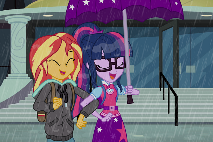 Sunset Shimmer and Sci-Twi sharing an umbrella in the rain