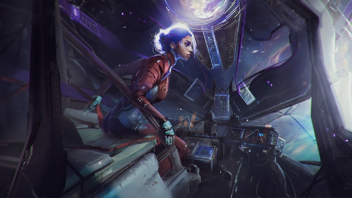 Sci-fi Pilot in Cockpit with Galactic View