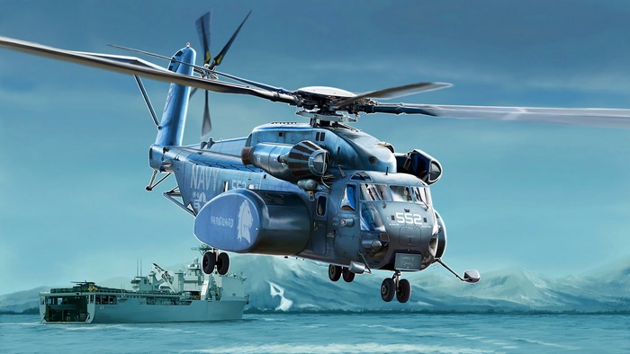 Sikorsky CH-53 Sea Stallion helicopter flying over sea