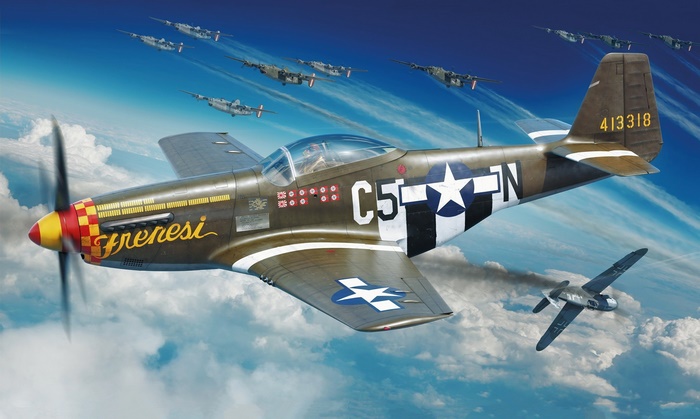P-51 Mustang 'Frenesi' in aerial combat with enemy fighter