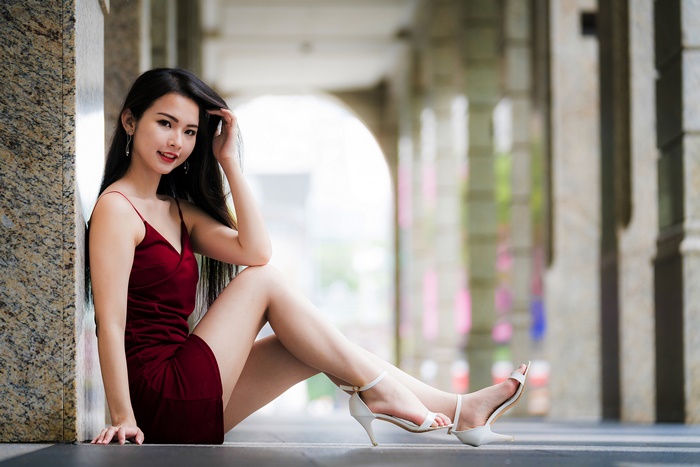 Asian Model in Red Dress with High Heels 4K