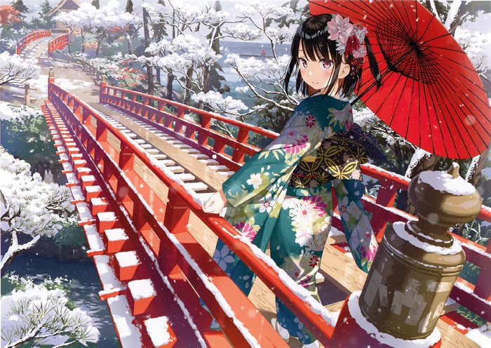 Japanese Girl on Snowy Bridge with Red Umbrella