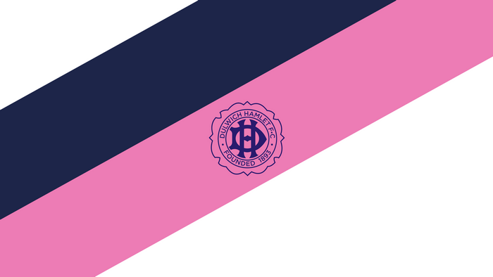 Dulwich Hamlet F.C. logo on pink and blue stripes