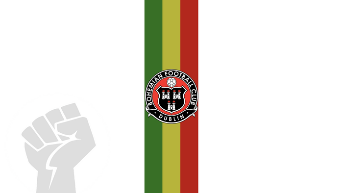 Bohemian F.C. Logo, Rasta Stripe, and Raised Fist