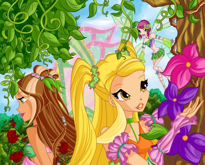 Winx Club Stella, Flora, and Tecna in a magical garden