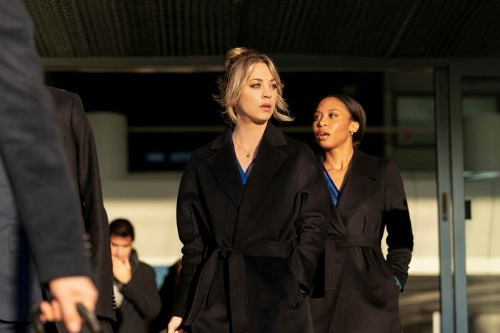Kaley Cuoco and co-star looking concerned in The Flight Attendant