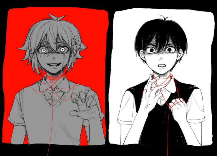 Sunny and Basil Connected by Red Strings in Omori