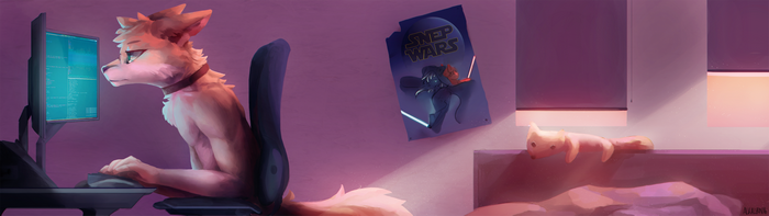 Furry fox coding under Snep Wars poster