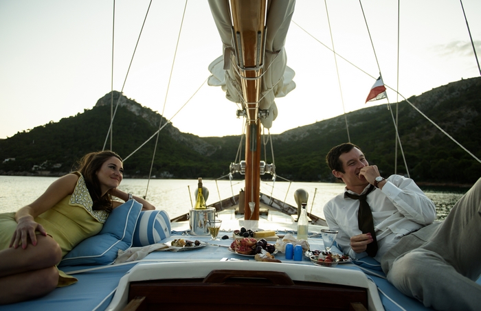 Shailene Woodley & Callum Turner on yacht in Last Letter From Your Lover