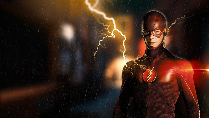 The Flash Barry Allen in rain with lightning