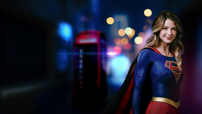 Melissa Benoist as Supergirl in a city night
