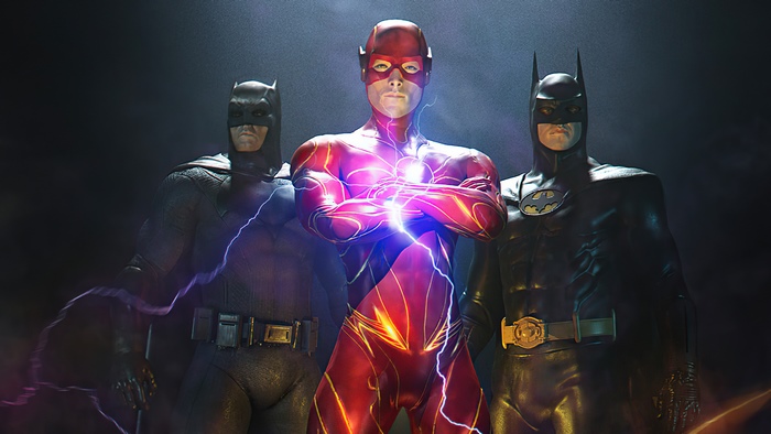 Flash, Ben Affleck Batman, and Michael Keaton Batman