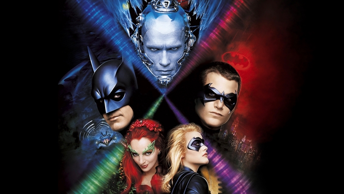 Batman and Robin movie poster with heroes and villains