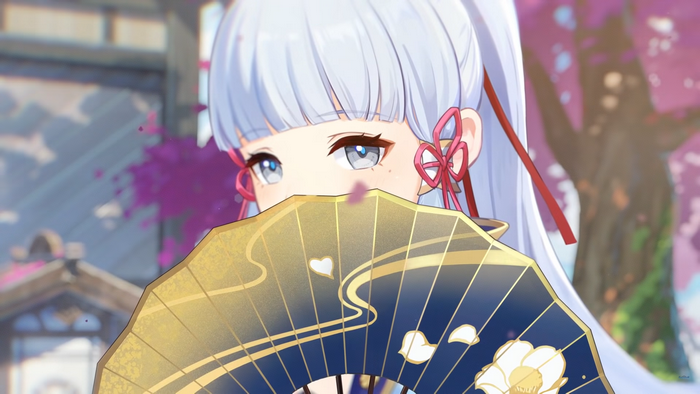 Kamisato Ayaka peeking over a fan in Genshin Impact