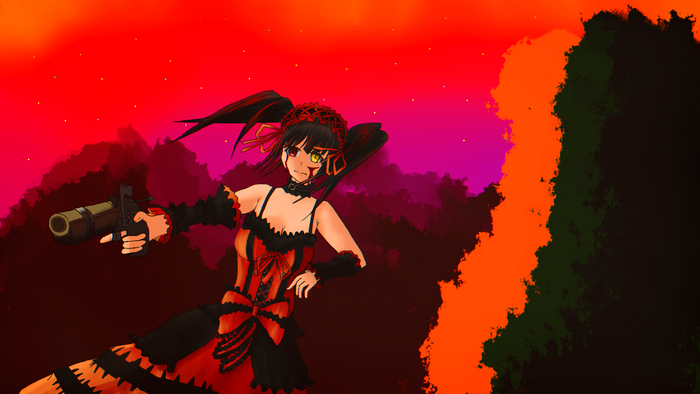 Kurumi Tokisaki with gun, blood, and red sky
