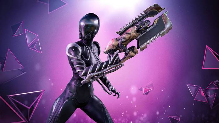 Mag Warframe wielding weapon amidst purple geometric shapes