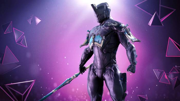 Excalibur Warframe with Staff and Glowing Triangles