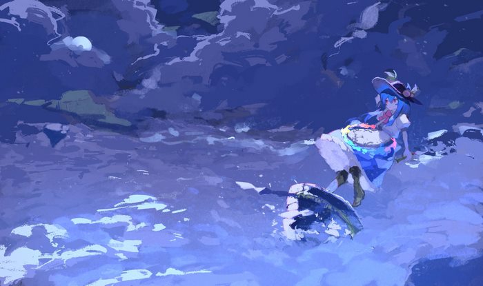 Tenshi Hinanawi flying in a dreamy blue night