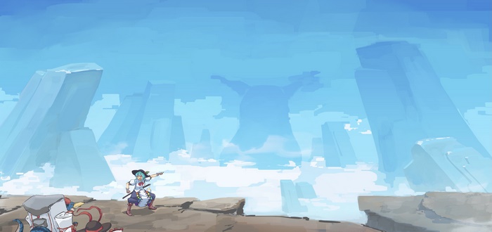 Suika Ibuki confronts giant in sky world