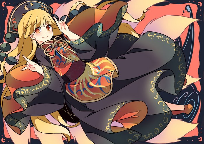 Junko (Touhou) smiling with rock-on gesture