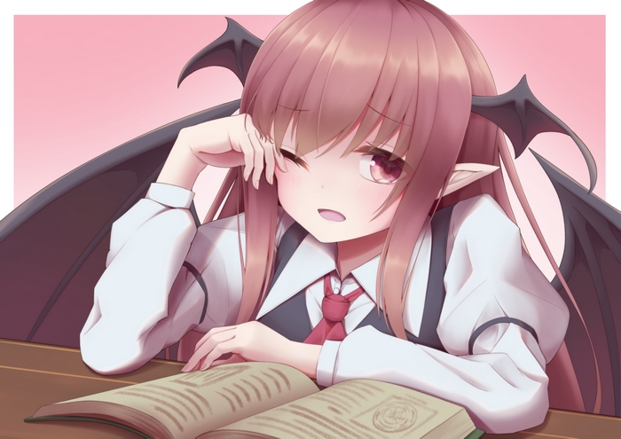 Koakuma (Touhou) winking and reading a book