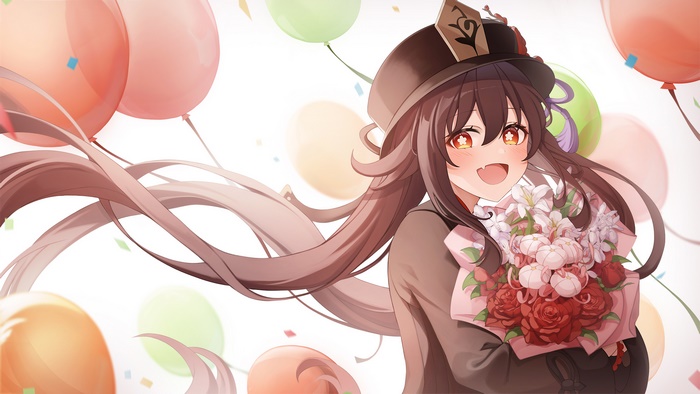Hu Tao Smiling with Flowers and Balloons