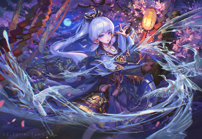 Kamisato Ayaka amidst cherry blossoms and ice cranes at night