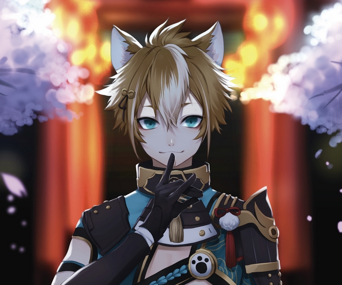 Gorou (Genshin Impact) shushing with animal ears