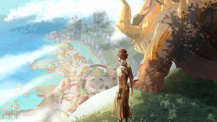 Zhongli and Azhdaha overlooking Liyue Harbor