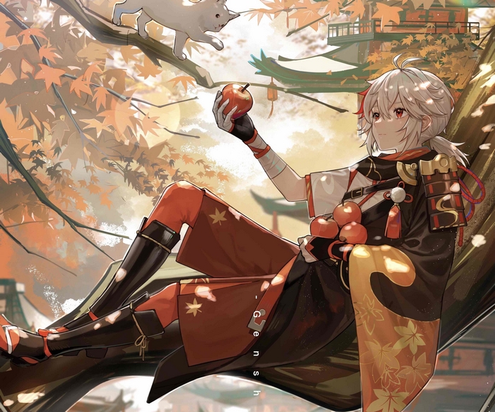 Kaedehara Kazuha with Apple and Cat in Autumn