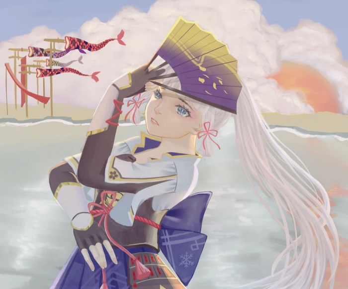 Kamisato Ayaka with fan and koinobori at sunset