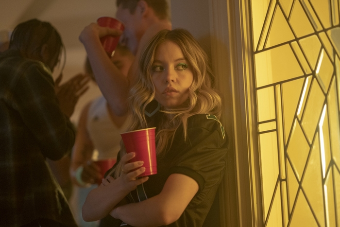 Sydney Sweeney's green glitter eyes at a Euphoria party