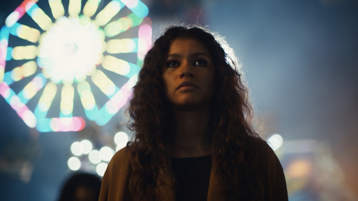 Zendaya as Rue with glitter at Euphoria carnival