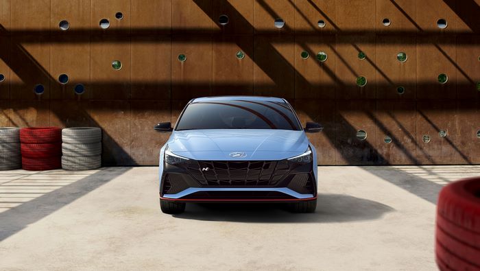 Hyundai Elantra N sport car front view in garage