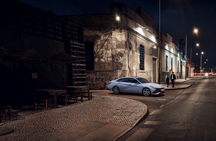2021 Hyundai Elantra N on a night cobblestone street