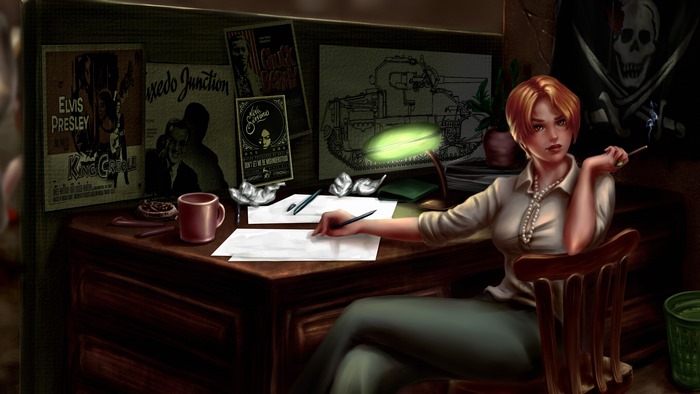 Fantasy woman writer smoking at her vintage desk