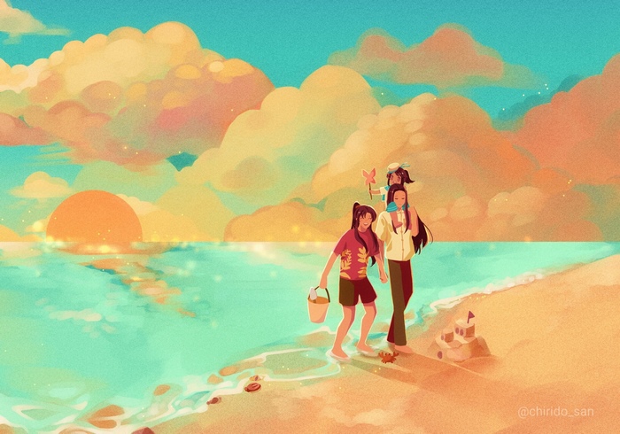 Wei Wuxian, Lan Wangji, Lan Sizhui family beach sunset
