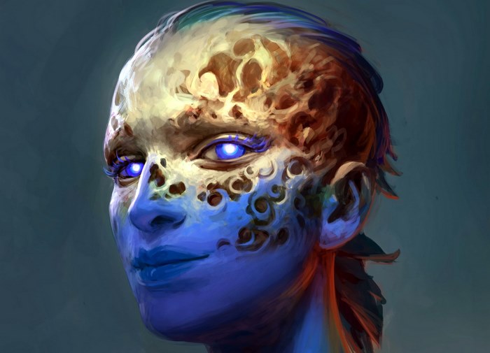 Dark fantasy woman with glowing blue eyes