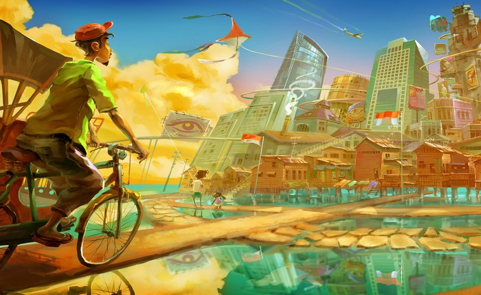 Fantasy City with Stilt Houses and Bicycle Rider
