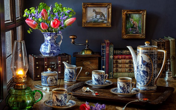 Vintage Still Life with Peacock Porcelain and Fox Art