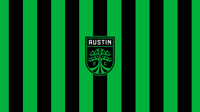 Austin FC soccer logo on black and green stripes