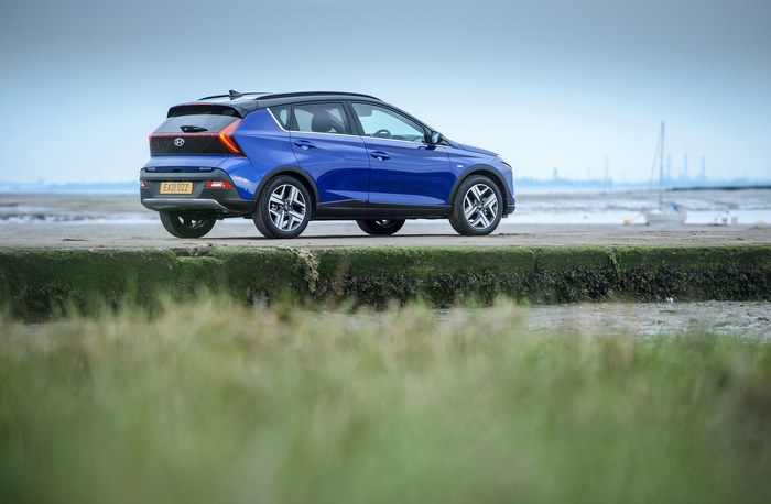 Blue 2021 Hyundai Bayon SUV on the coast