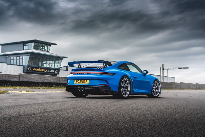 Blue 2021 Porsche 911 GT3 on Anglesey Circuit