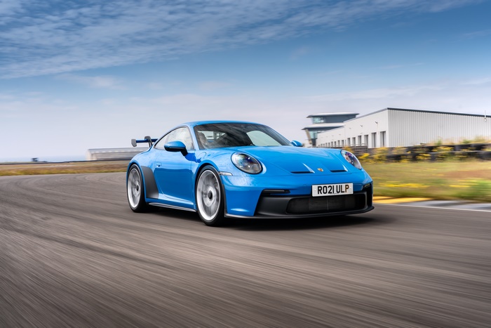 Blue 2021 Porsche 911 GT3 MT on Track