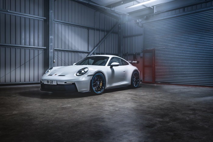 White 2021 Porsche 911 GT3 PDK in a garage
