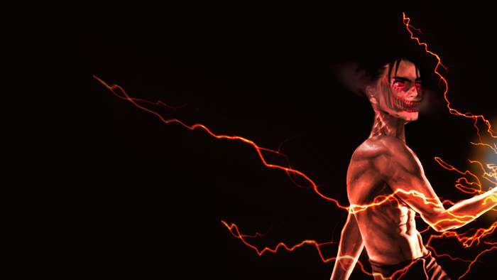 Eren Yeager with glowing red eyes and lightning